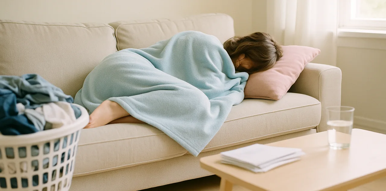 Kvinde sidder på sofaen under et tæppe omgivet af uåbnet post og en kold tekop