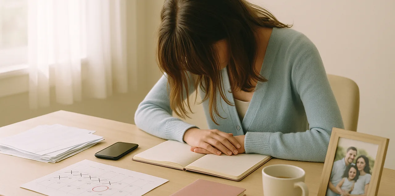 Kvinde sidder ved et bord med en notesbog og en bunke uåbnede regninger