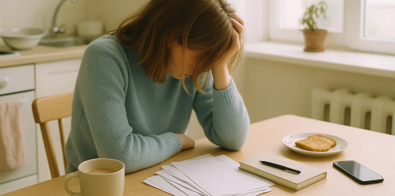 Kvinde sidder ved et køkkenbord med en kold kop kaffe og uåbnet post