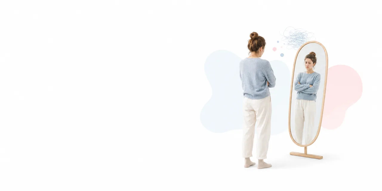 Kvinde ser kritisk på sit eget spejlbillede i et spejl