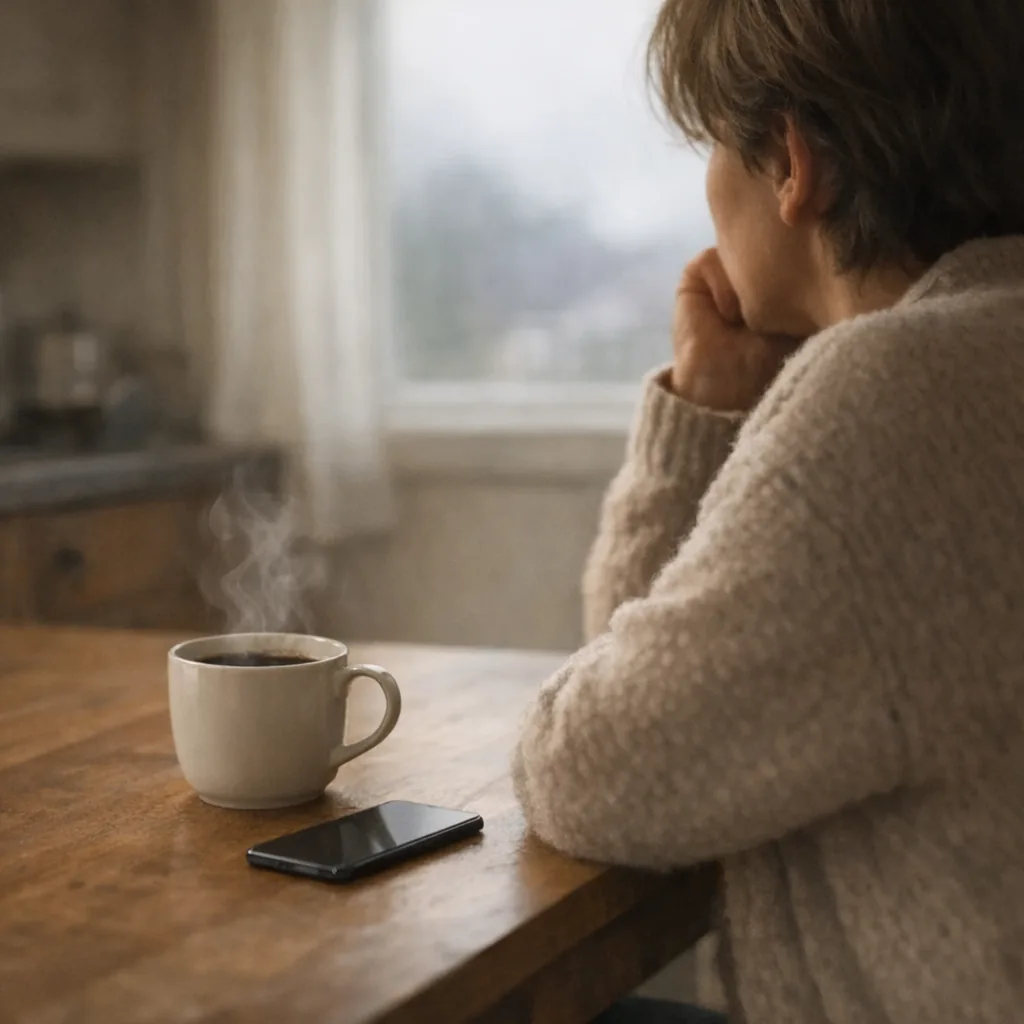 Person sidder ved et køkkenbord i morgenlys med en urørt kop kaffe og en telefon vendt med skærmen nedad