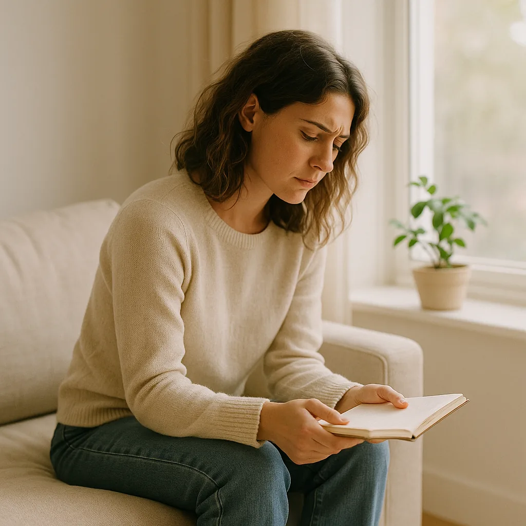 Kvinde sidder i en sofa og kigger bekymret ned i en notesbog