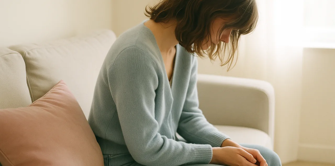 Kvinde sidder på en sofa og kigger bekymret ned på sin hånd i skødet
